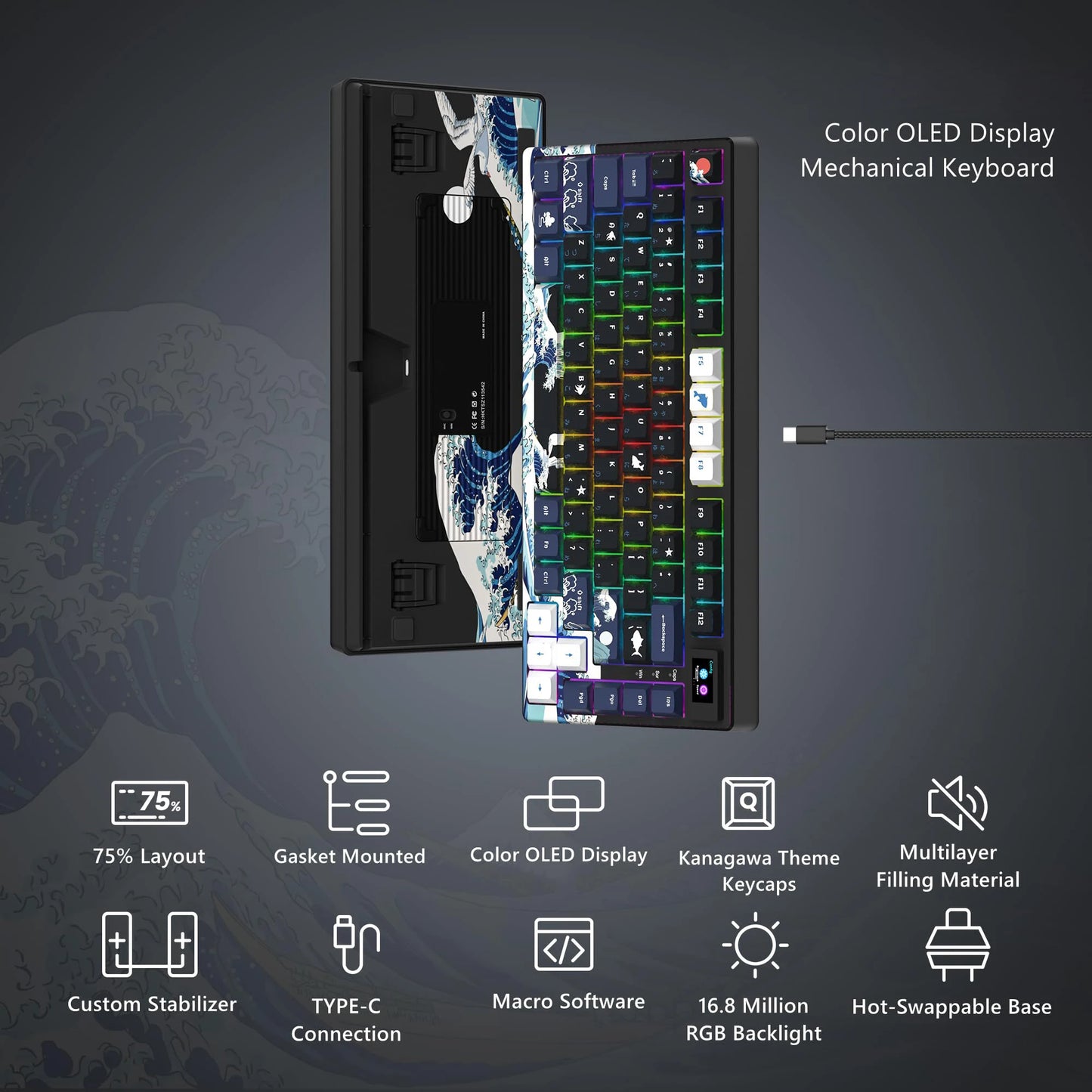 Wired Mechanical Gaming Keyboard – OLED Display, Full Key Hot-Swappable, RGB Backlit for PC/Laptop