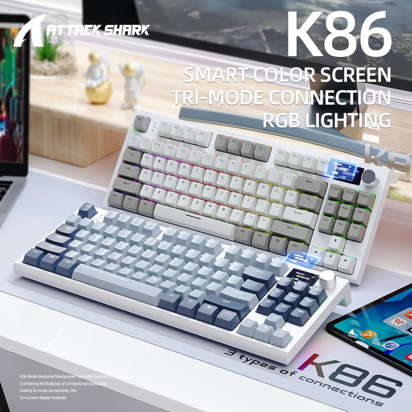 K86 Wireless Hot-Swappable Mechanical Keyboard – Bluetooth/2.4G with Display Screen and Volume Rotary Button for Gaming and Work